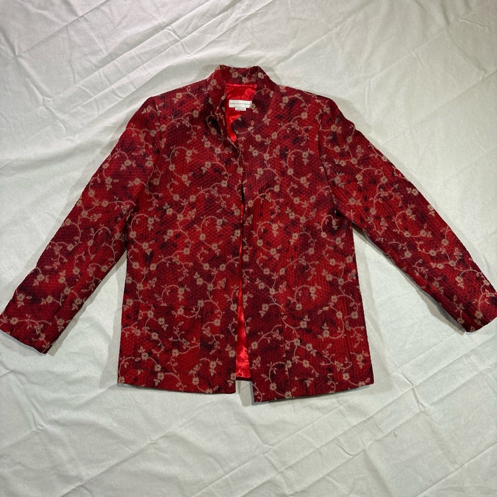 Garfield & Marks red Floral Blazer Open Front Jacket pockets Size 8 Made In USA
